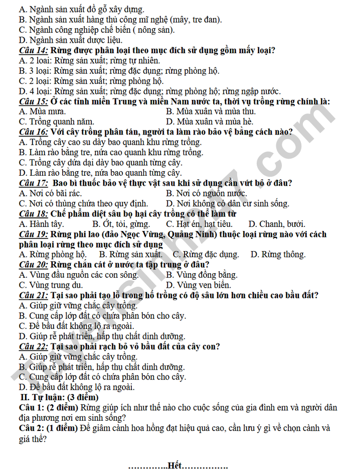 De thi cuoi ki 1 Cong nghe lop 7 THCS An Dien 2025