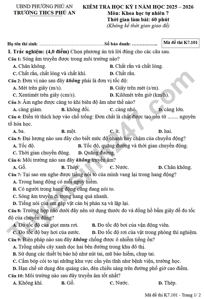 De thi hoc ki 1 lop 7 mon KHTN 2025 - THCS Phu An