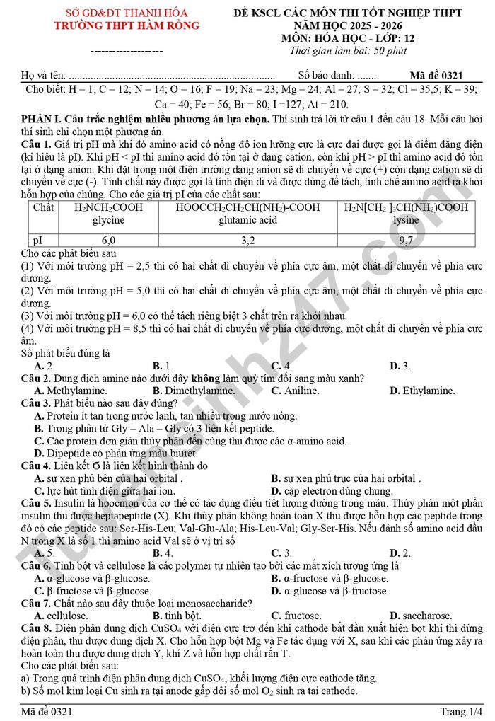 De thi thu tot nghiep THPT 2026 mon Hoa - THPT Ham Rong
