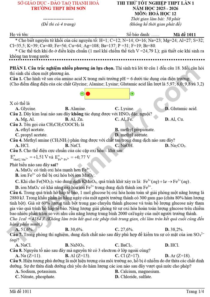 De thi thu tot nghiep THPT 2026 mon Hoa - THPT Bim Son (lan 1)
