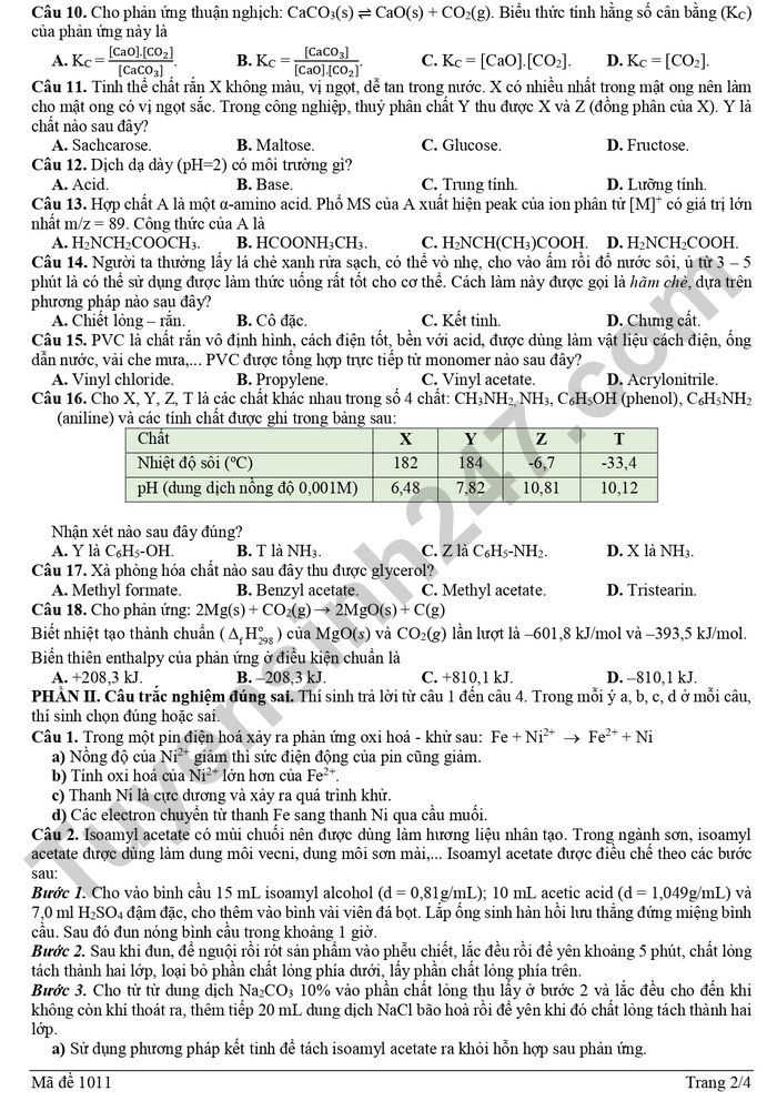 De thi thu tot nghiep THPT 2026 mon Hoa - THPT Bim Son (lan 1)