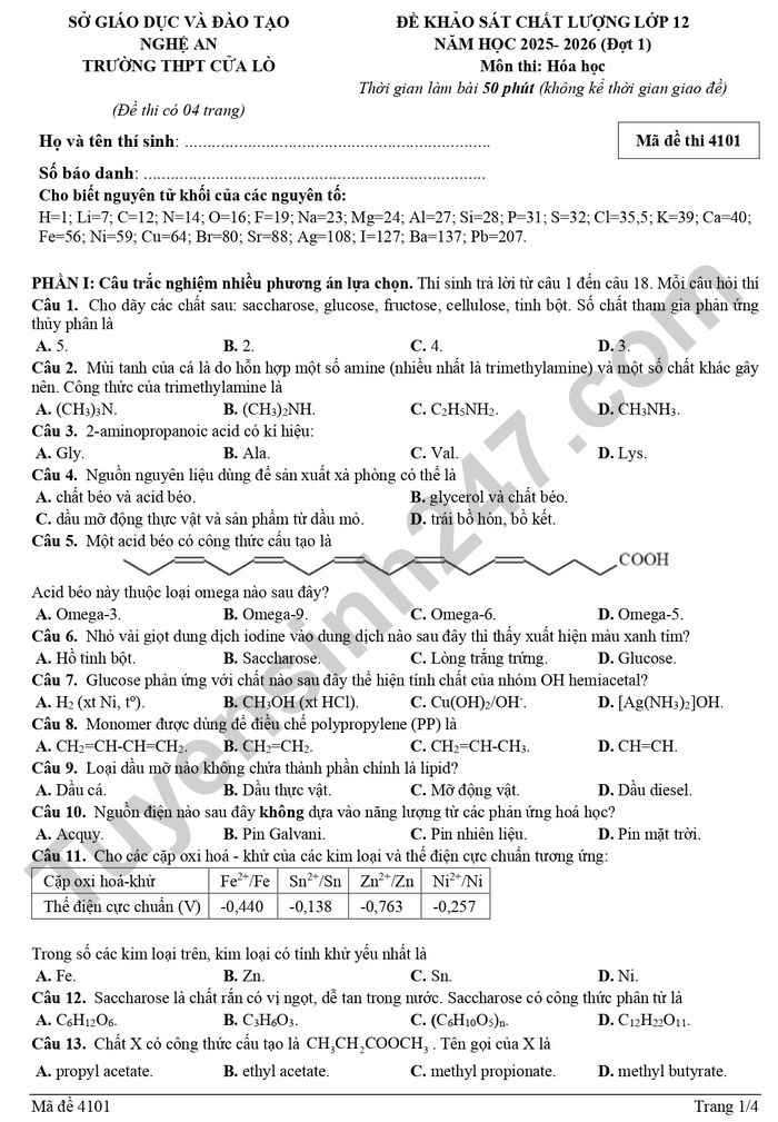 De thi thu mon Hoa tot nghiep THPT 2026 - THPT Cua Lo (dot 1)
