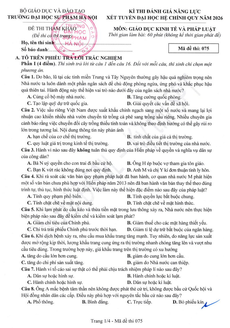 De minh hoa DGNL Dai hoc Su pham Ha Noi 2026 (Co dap an)