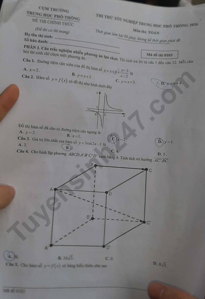 De thi thu tot nghiep THPT 2026 mon Toan - Cum truong THPT Nghe An