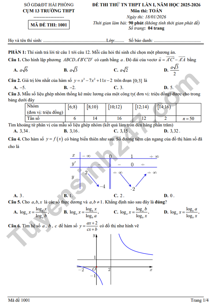 De thi thu tot nghiep THPT 2026 lan 1 mon Toan - Cum 13 truong THPT Hai Phong