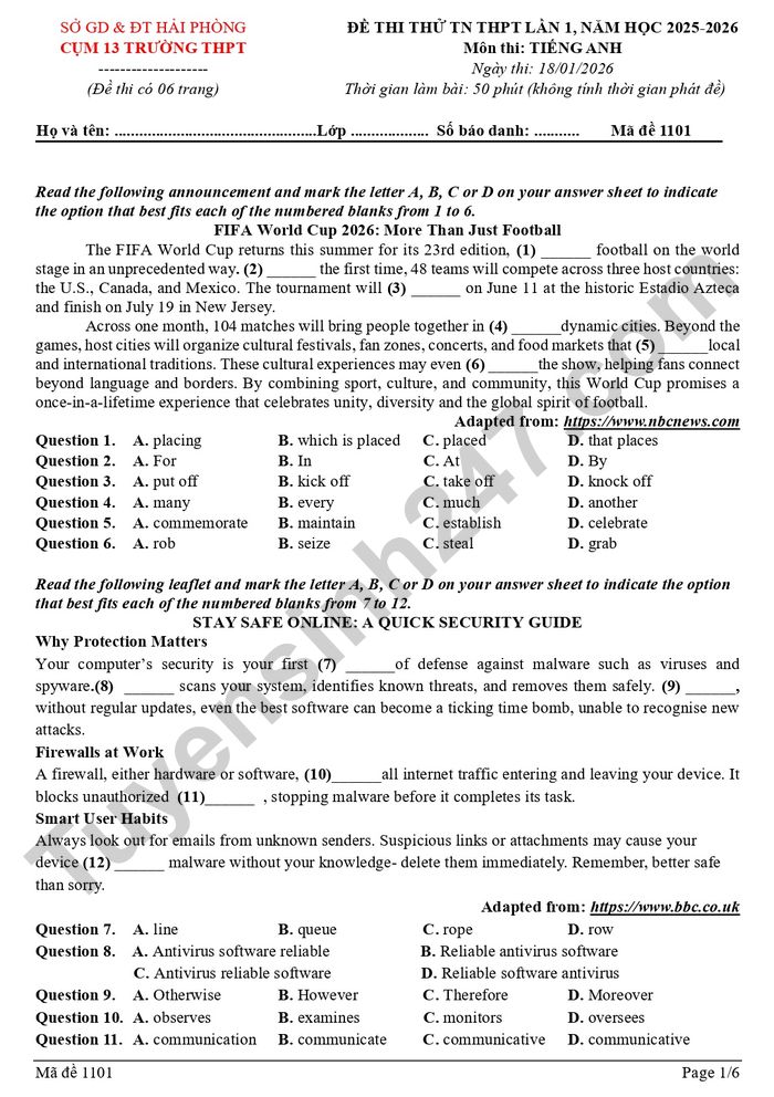 De thi thu tot nghiep THPT mon Anh 2026 - Cum 13 truong THPT Hai Phong (lan 1)