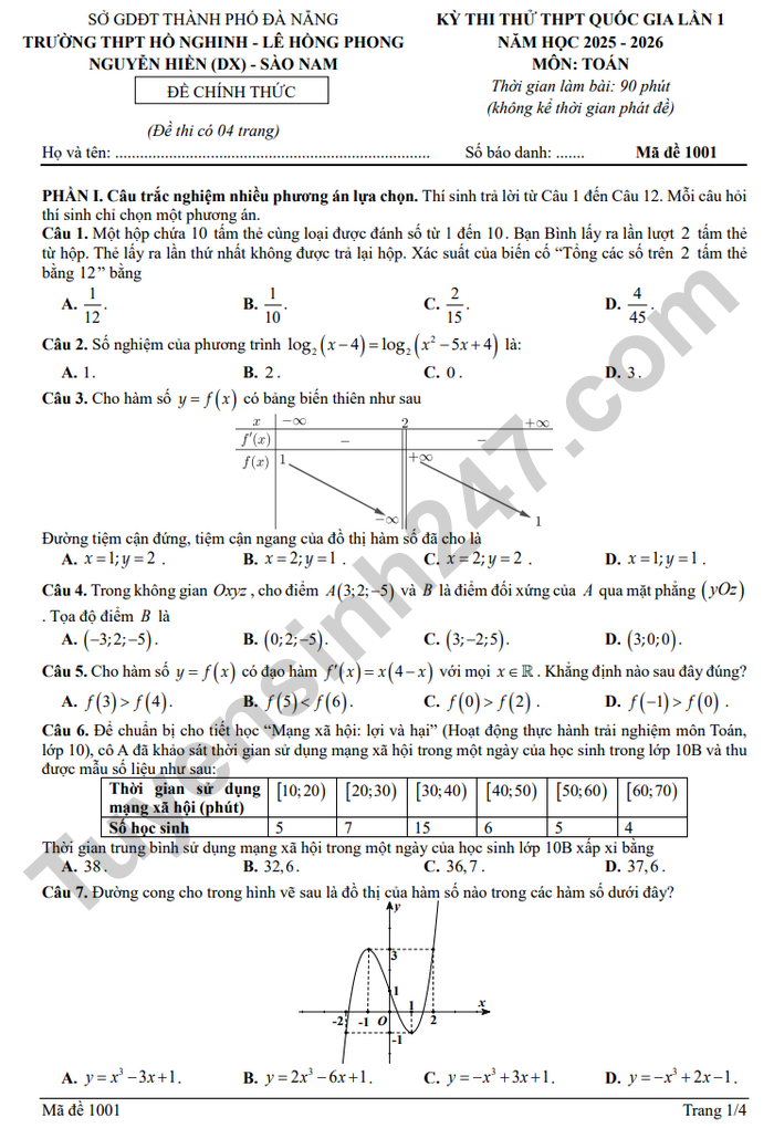 De thi thu mon Toan tot nghiep THPT 2026 - Cum truong TP Da Nang