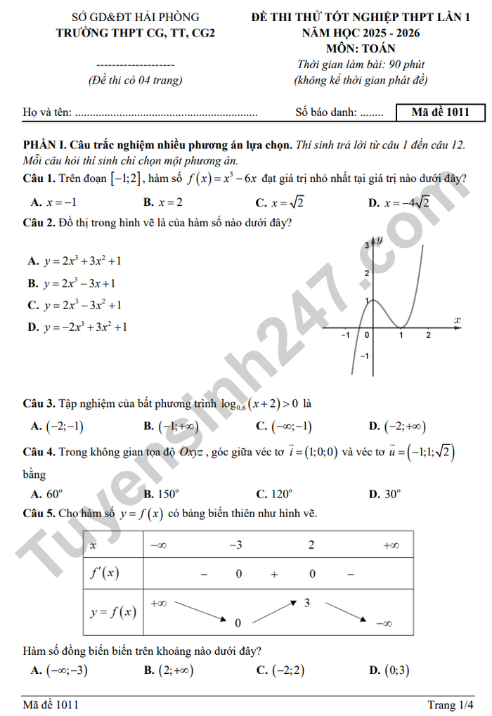 De thi thu tot nghiep THPT 2026 mon Toan - Truong THPT CG, TT, CG2 (lan 1)