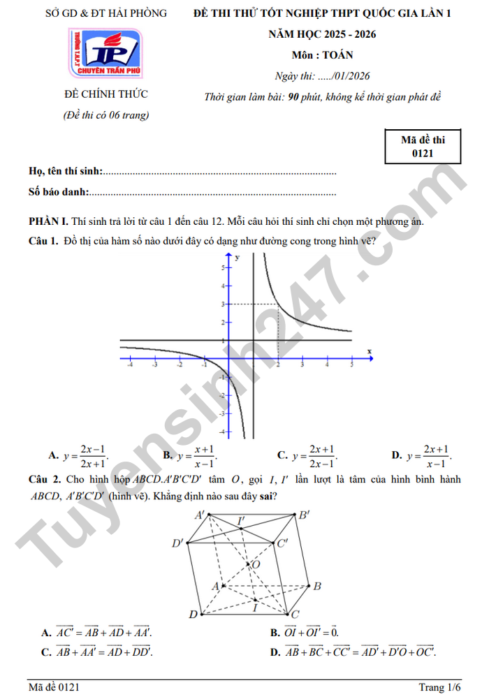 De thi thu tot nghiep THPT 2026 lan 1 mon Toan - THPT Chuyen Tran Phu