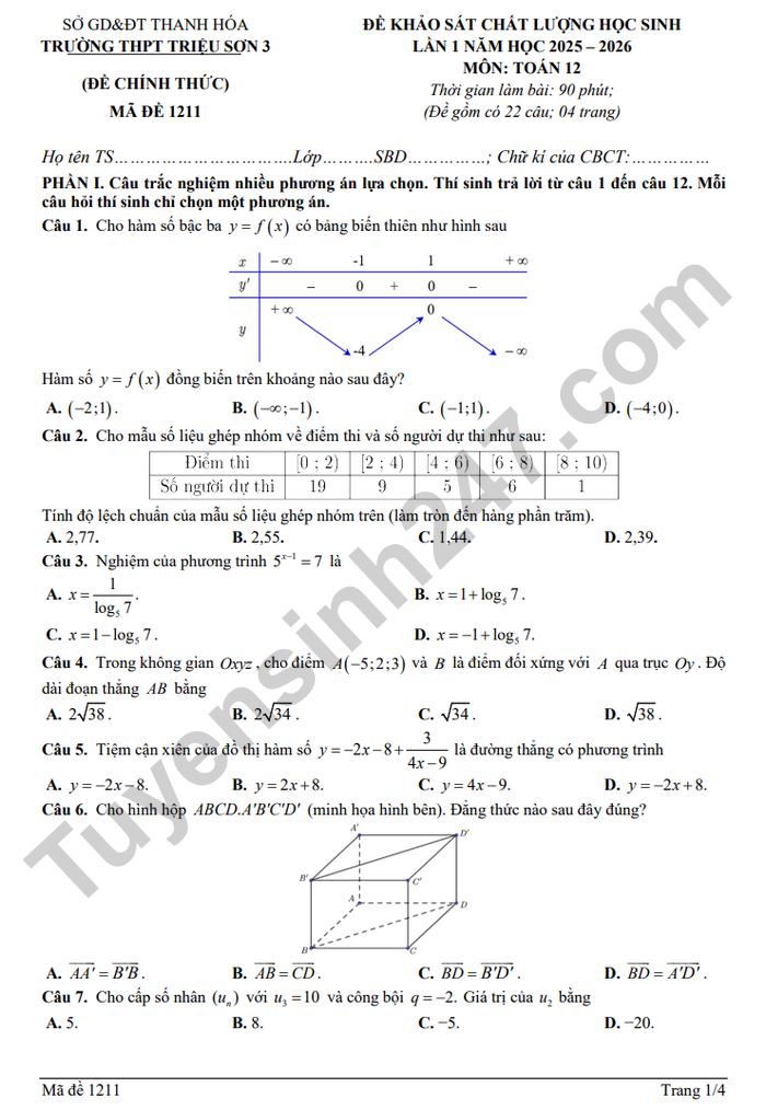 De thi thu TN THPT lan 1 nam 2026 mon Toan - THPT Trieu Son 3
