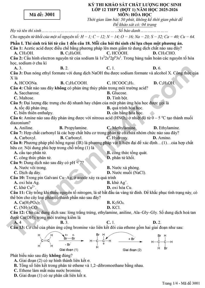 De thi thu tot nghiep THPT 2026 mon Hoa - Phu Tho (Dot 1)