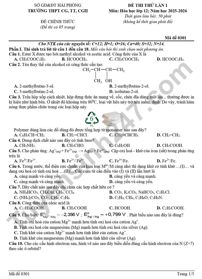 De thi thu TN THPT mon Hoa 2026 - Truong THPT CG, TT, CG2 (lan 1)