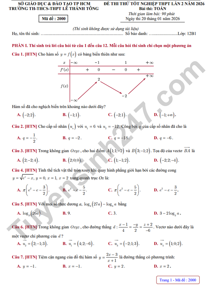 De thi thu tot nghiep THPT mon Toan 2026 lan 2 - TH-THPT-THPT Le Thanh Tong (co dap an)