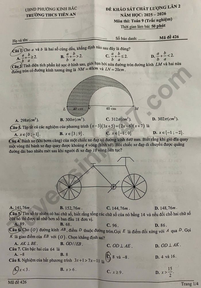 De thi thu vao lop 10 lan 2 mon Toan 2026 - THCS Tien An