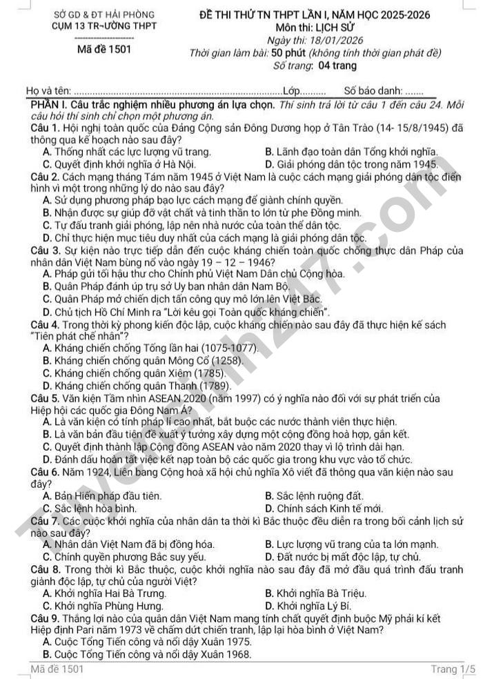 De thi thu tot nghiep THPT 2026 lan 1 mon Su - Cum 13 truong THPT Hai Phong