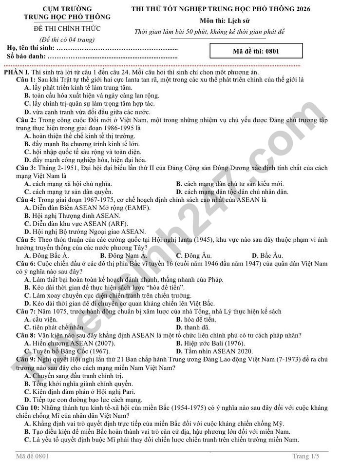 De thi thu tot nghiep THPT mon Su 2026 - Cum truong THPT Nghe An