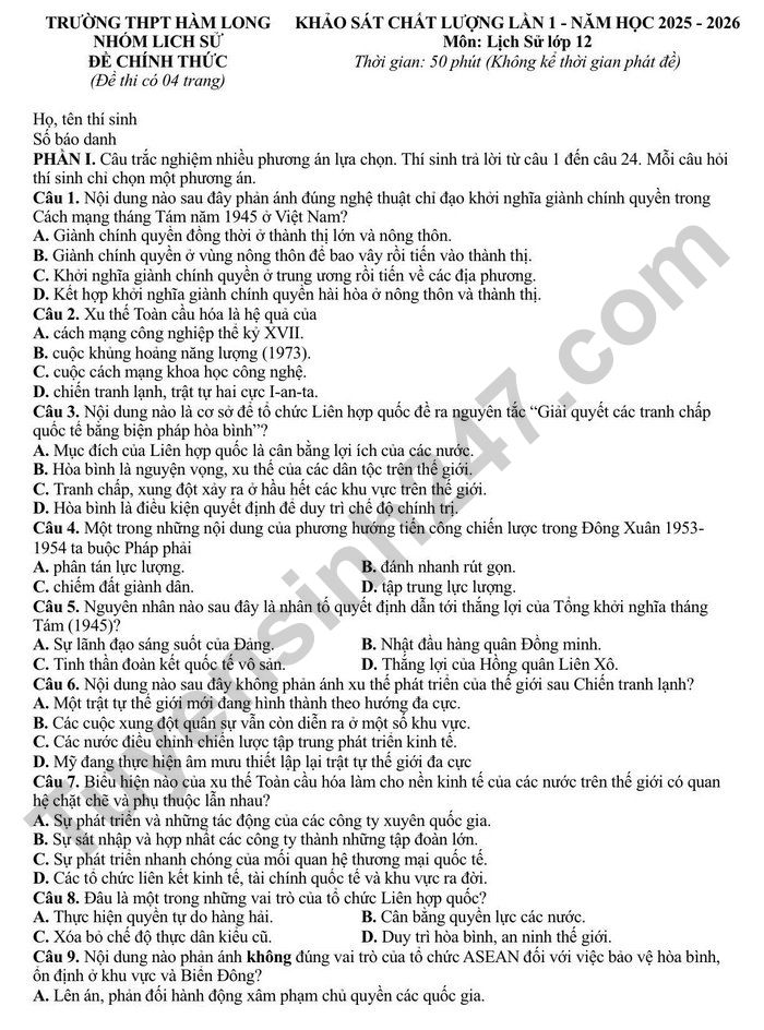 De thi thu TN THPT 2026 mon Su - THPT Ham Long lan 1