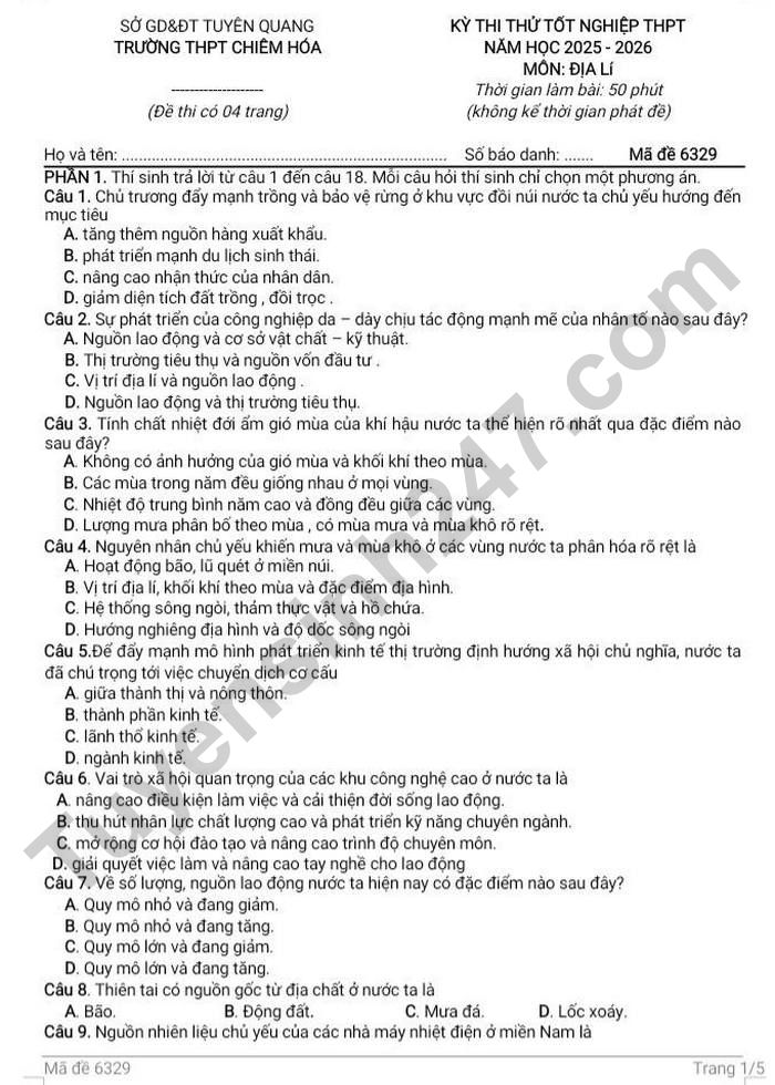 De thi thu tot nghiep THPT 2026 mon Dia - THPT Chiem Hoa