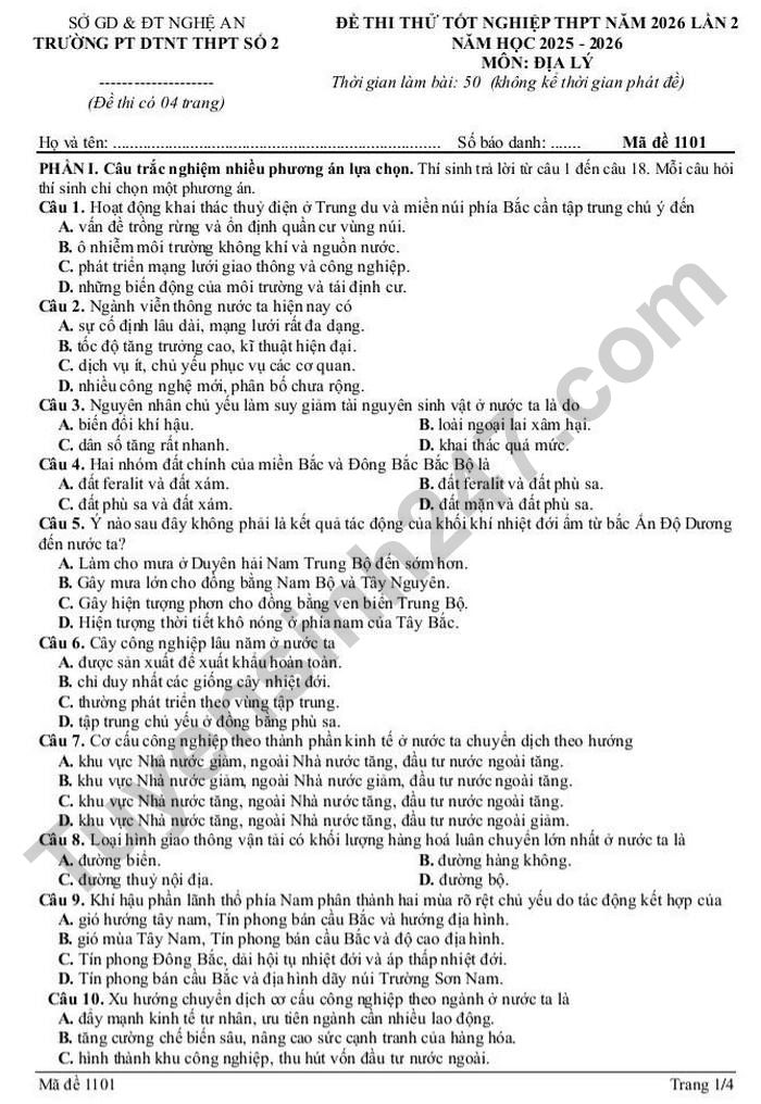 De thi thu tot nghiep THPT 2026 lan 2 mon Dia - PT DTNT THPT so 2 Nghe An