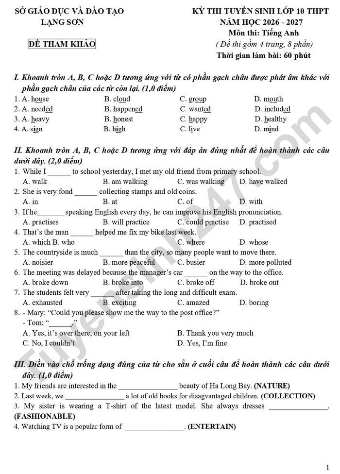 De tham khao thi vao lop 10 mon Anh 2026 - So GDDT Lang Son (co dap an)