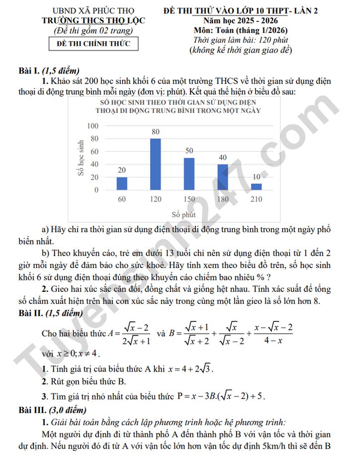 De thi thu vao lop 10 nam 2026 mon Toan - THCS Tho Loc (lan 2)