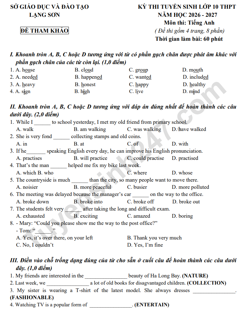 De thi minh hoa vao lop 10 mon Anh 2026 - So GD Lang Son (Co dap an)