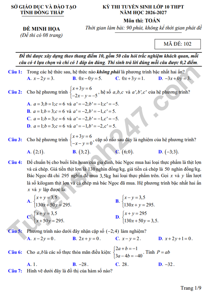 De thi vao lop 10 mon Toan 2026 - Dong Thap (de minh hoa)