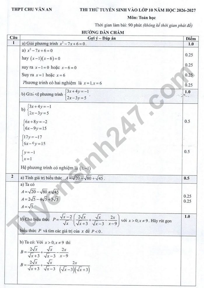 De thi thu vao lop 10 nam 2026 mon Toan - THPT Chu Van An (co dap an)