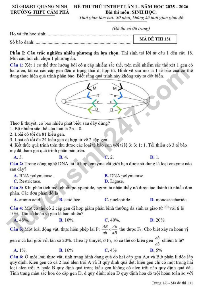 De thi thu mon Sinh tot nghiep THPT 2026 - THPT Cam Pha (lan 1)