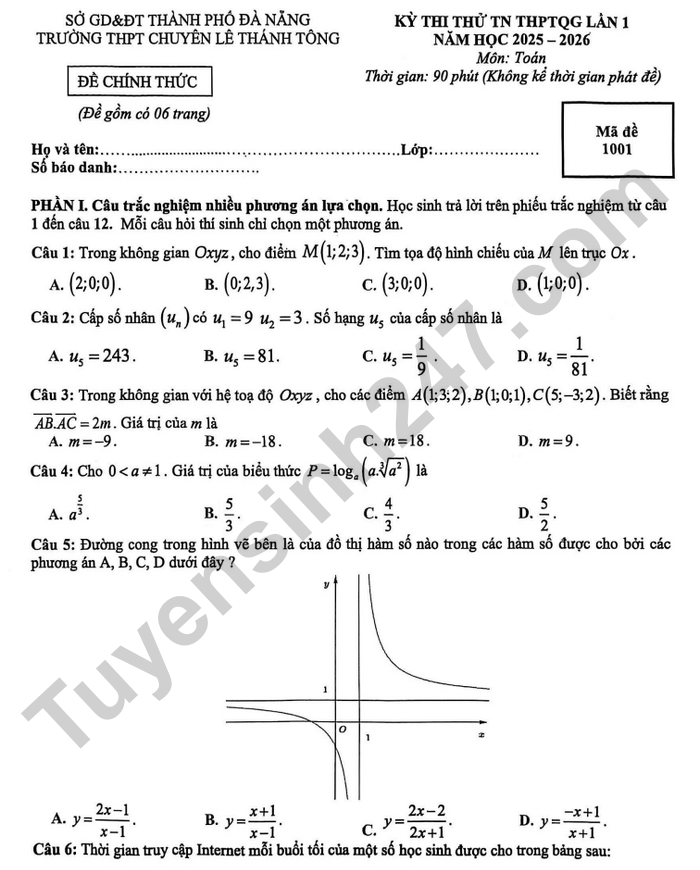 De thi thu tot nghiep THPT 2026 mon Toan - THPT Chuyen Le Thanh Tong (lan 1)