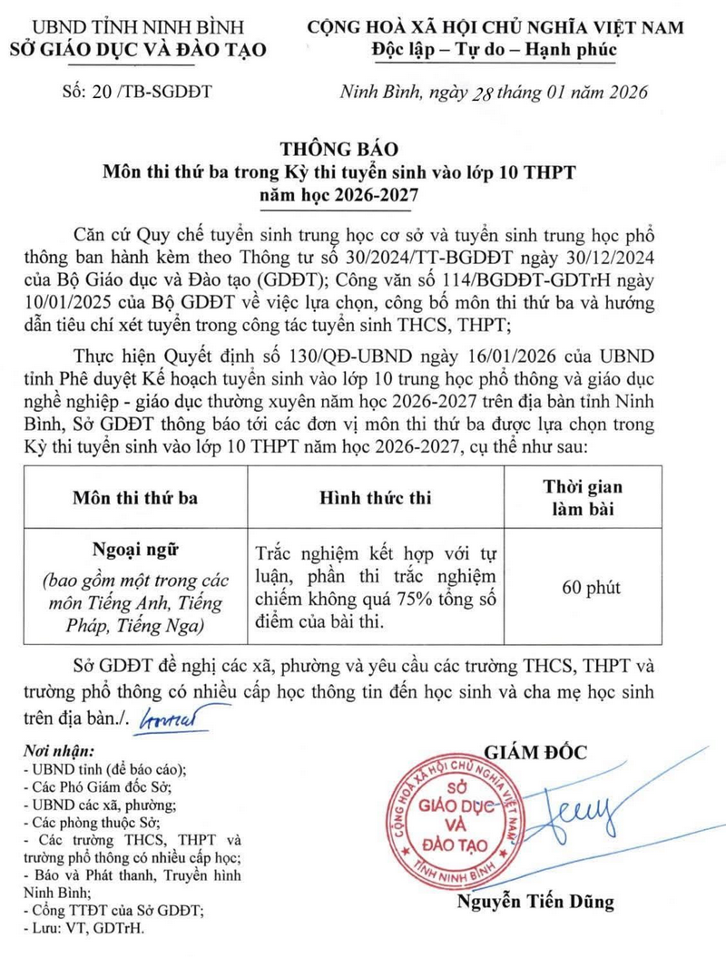 Ninh Binh cong bo mon thi thu 3 vao lop 10 nam 2026