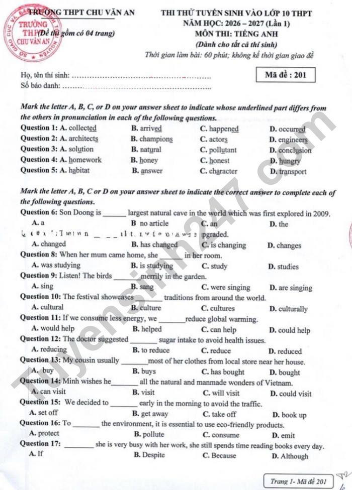 De thi thu vao lop 10 nam 2026 mon Anh - THPT Chu Van An (lan 1)
