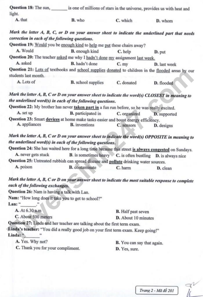De thi thu vao lop 10 nam 2026 mon Anh - THPT Chu Van An (lan 1)