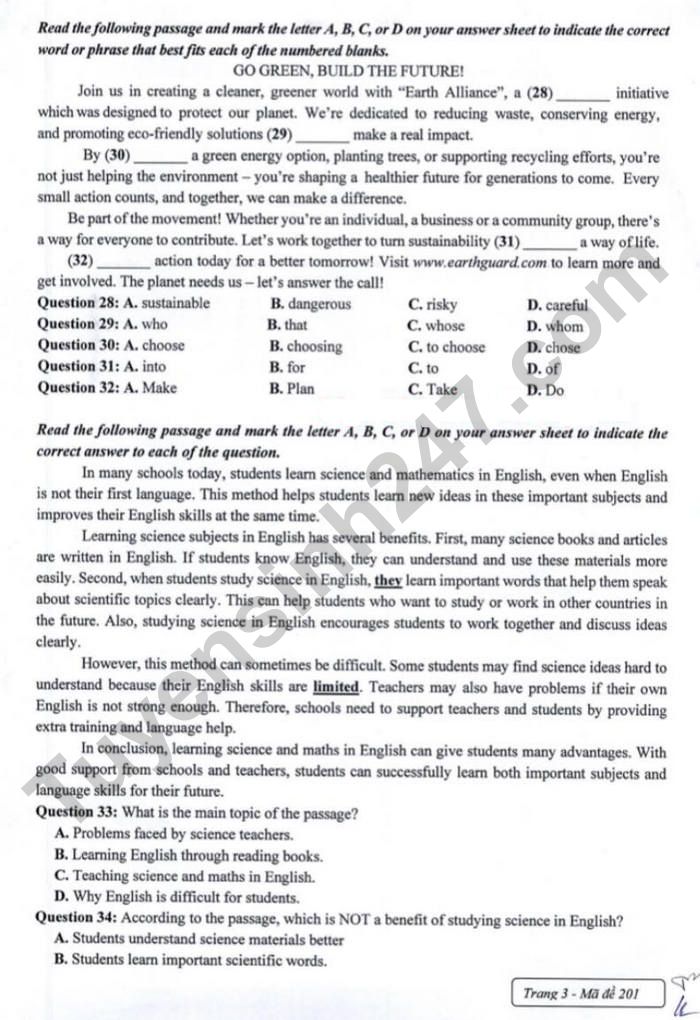 De thi thu vao lop 10 nam 2026 mon Anh - THPT Chu Van An (lan 1)