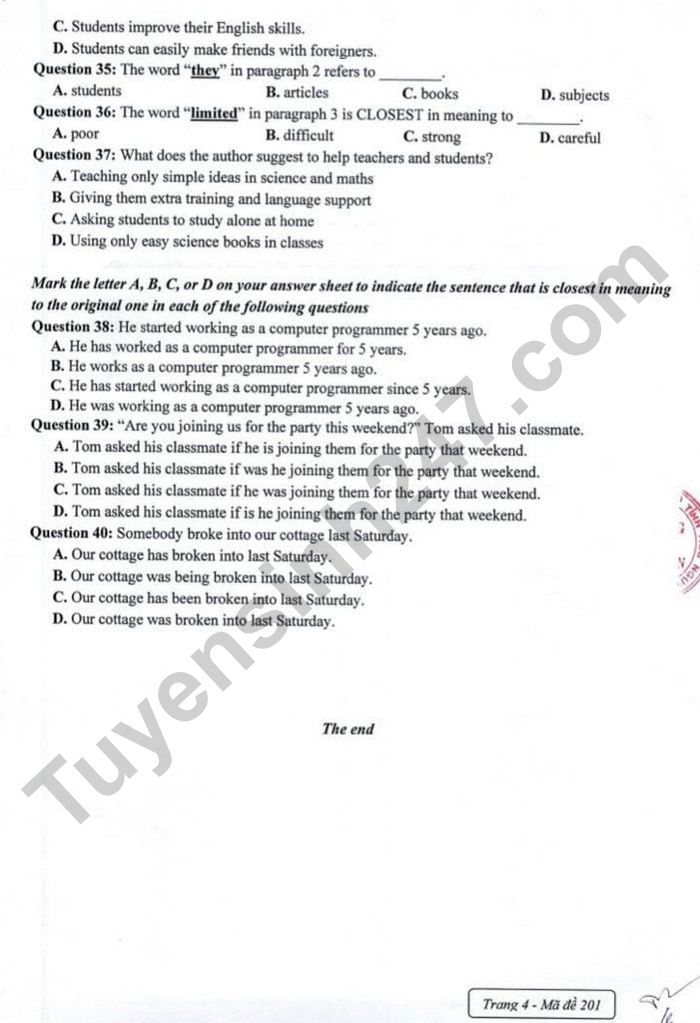 De thi thu vao lop 10 nam 2026 mon Anh - THPT Chu Van An (lan 1)