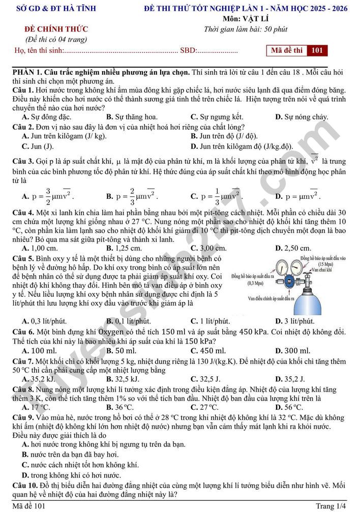De thi thu tot nghiep THPT 2026 lan 1 mon Ly - Ha Tinh