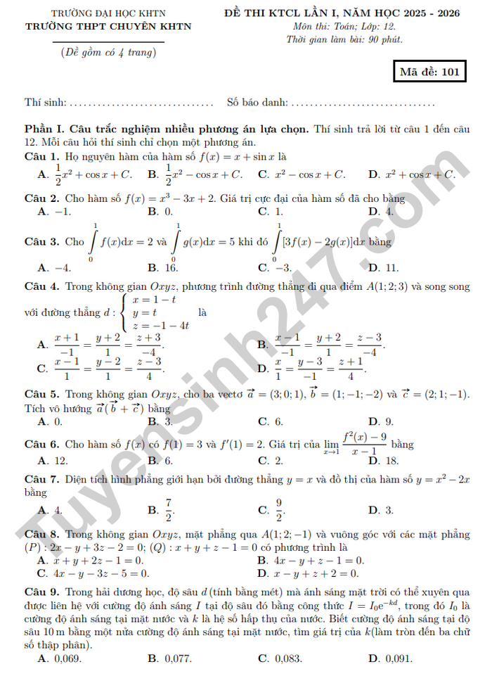 De thi thu TN THPT mon Toan 2026 - THPT Chuyen KHTN lan 1 (co dap an)