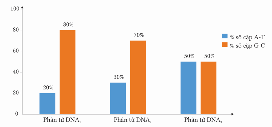 H&igrave;nh b&ecirc;n m&ocirc; tả % số lượng cặp A-T v&agrave; G-C trong ph&acirc;n tử DNA, h&atilde;y cho biết ph&acirc;n tử DNA n&agrave;o c&oacute; nhiều số li&ecirc;n kết hidrogen nhất trong số ba ph&acirc;n tử? (ảnh 1)