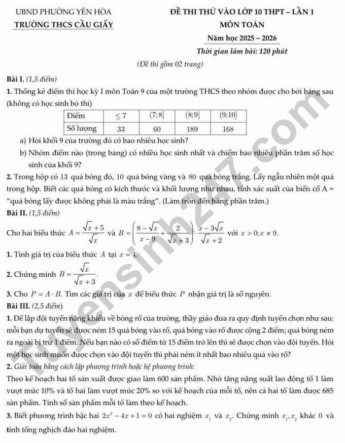 De thi thu vao lop 10 mon Toan 2026 - THCS Cau Giay lan 1