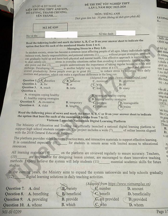 De thi thu tot nghiep THPT 2026 lan 1 mon Anh - Lien truong Nghe An