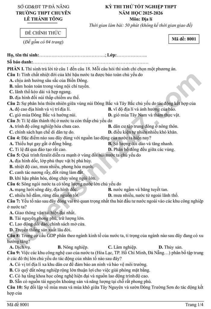 De thi thu TN THPT mon Dia nam 2026 - THPT Chuyen Le Thanh Tong