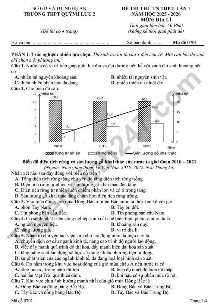 De thi thu TN THPT lan 1 nam 2026 mon Dia - THPT Quynh Luu 2
