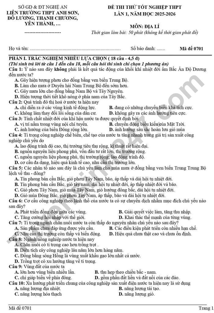 De thi thu tot nghiep THPT 2026 lan 1 mon Dia - Lien truong Nghe An