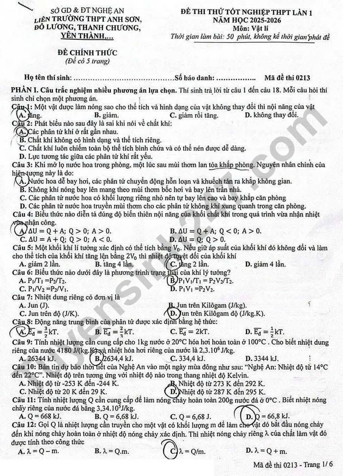 De thi thu tot nghiep THPT 2026 mon Ly - Lien truong Nghe An (lan 1)