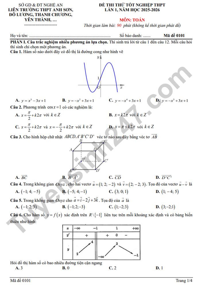De thi thu tot nghiep THPT 2026 mon Toan - Lien truong Nghe An (lan 1)