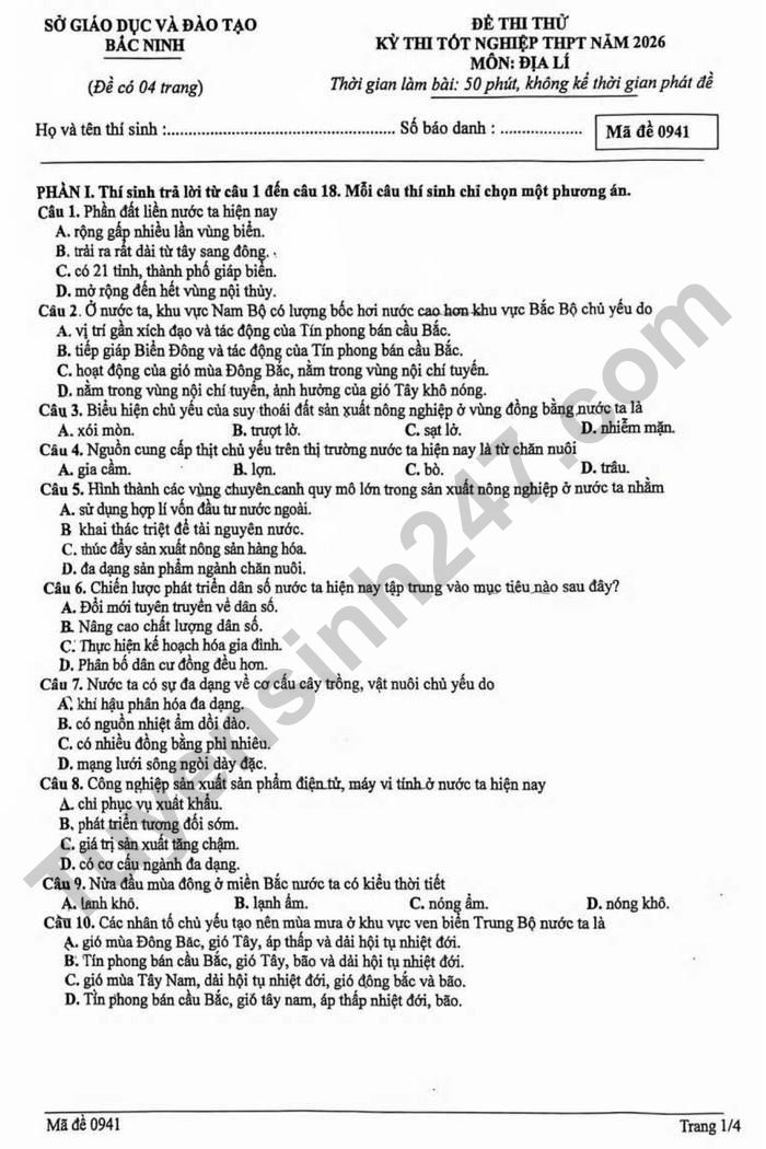 De thi thu mon Dia tot nghiep THPT nam 2026 - tinh Bac Ninh