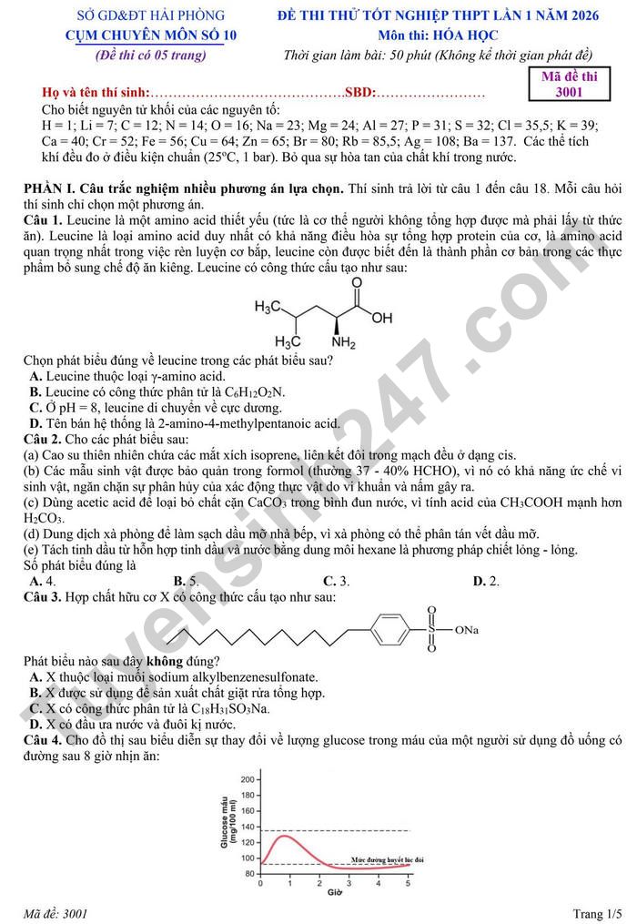 De thi thu TN THPT lan 1 nam 2026 mon Hoa - Cum chuyen mon so 10 Hai Phong