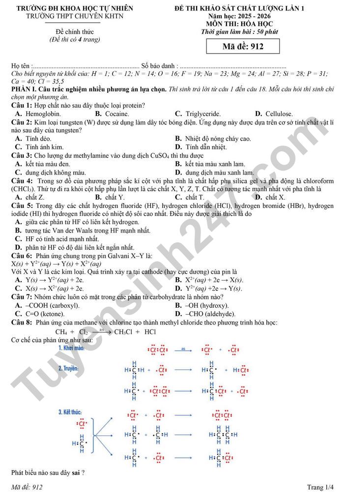 De thi thu TN THPT 2026 non Hoa (lan 1) - THPT Chuyen KHTN