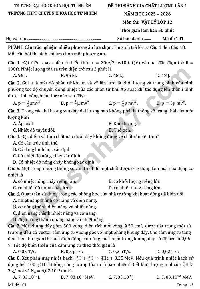 De thi thu TN THPT mon Ly 2026 - THPT Chuyen KHTN lan 1