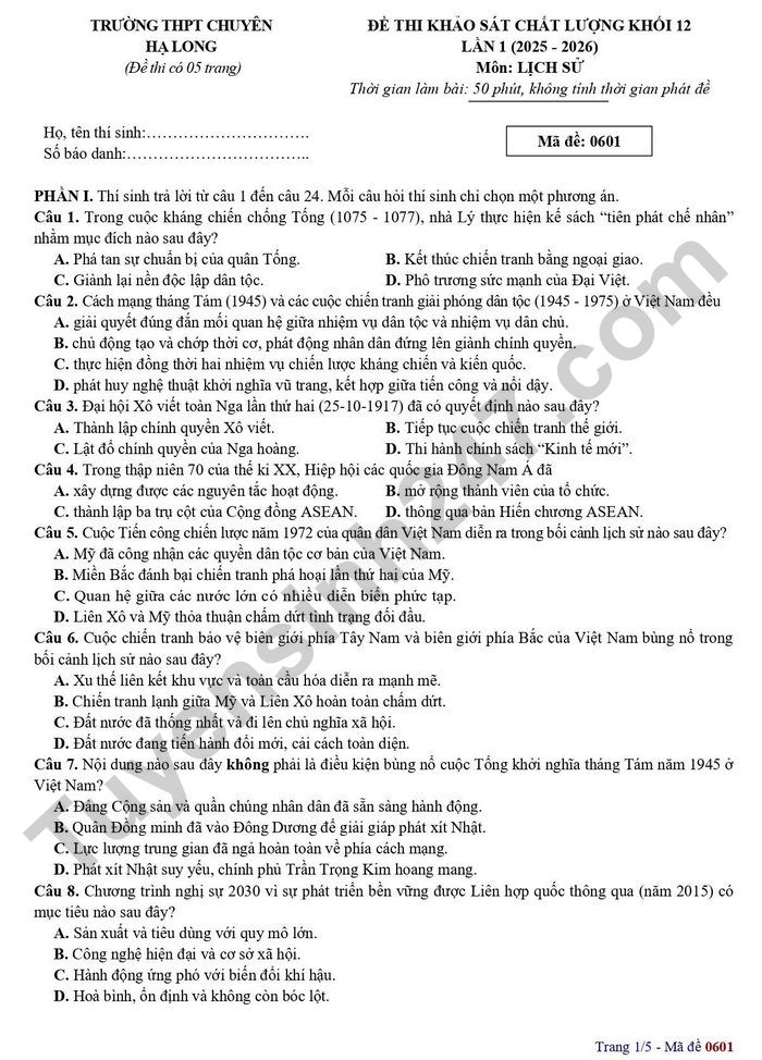 De thi thu mon Su TN THPT 2026 - THPT Chuyen Ha Long